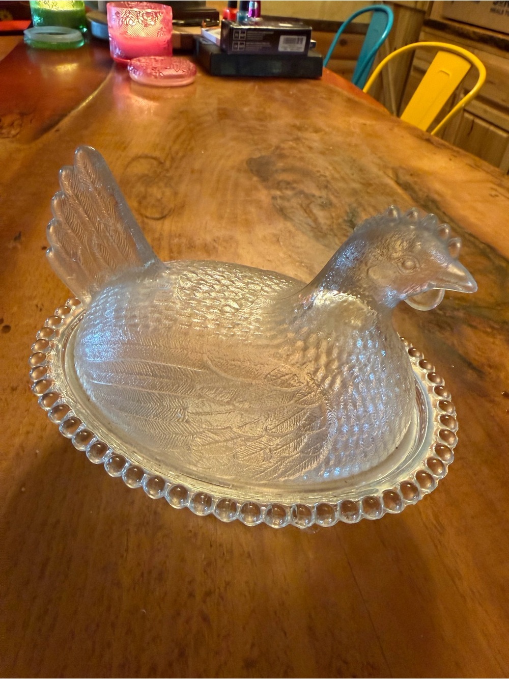 Clear Glass Indiana hen with Beaded Edge -perfect condition